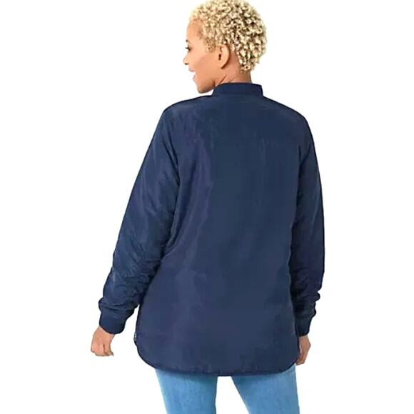 2X Logo Puffer Coat Quilted Jacket Lori Goldstein Navy Blue Midi Zip Front Lined - Picture 2 of 16